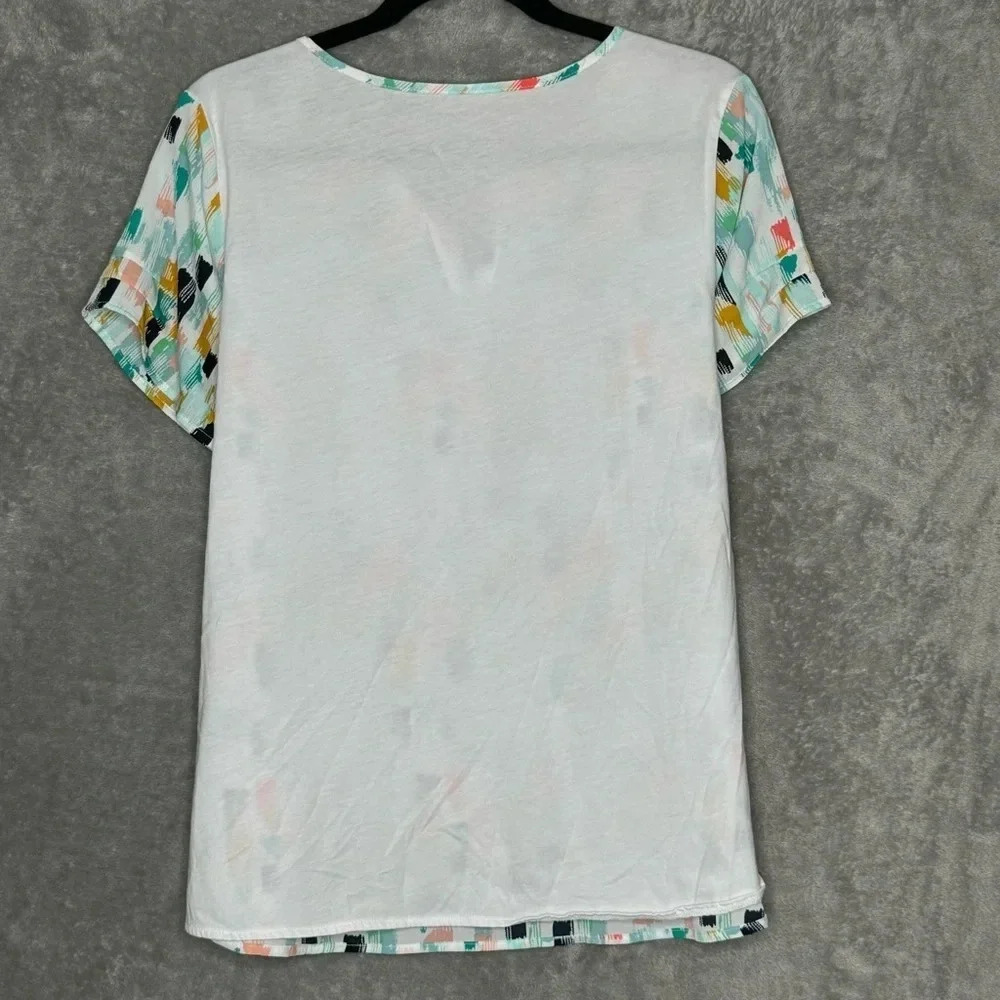 Van Heusen M Medium Shirt Top Blue Geometric Short Sleeve Split Round Neck - Picture 4 of 7